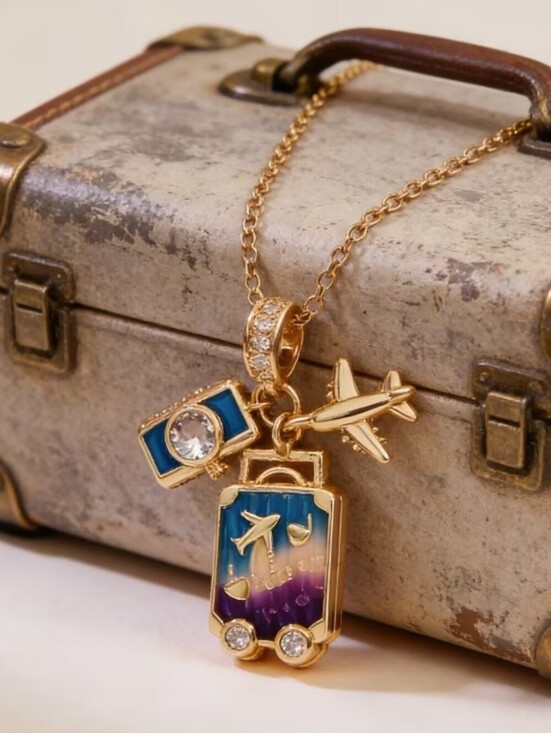Oak and Isle Jewelry - Travel Suitcase Charm Necklace Gold Airplane Passport Vacation Pendant Gift